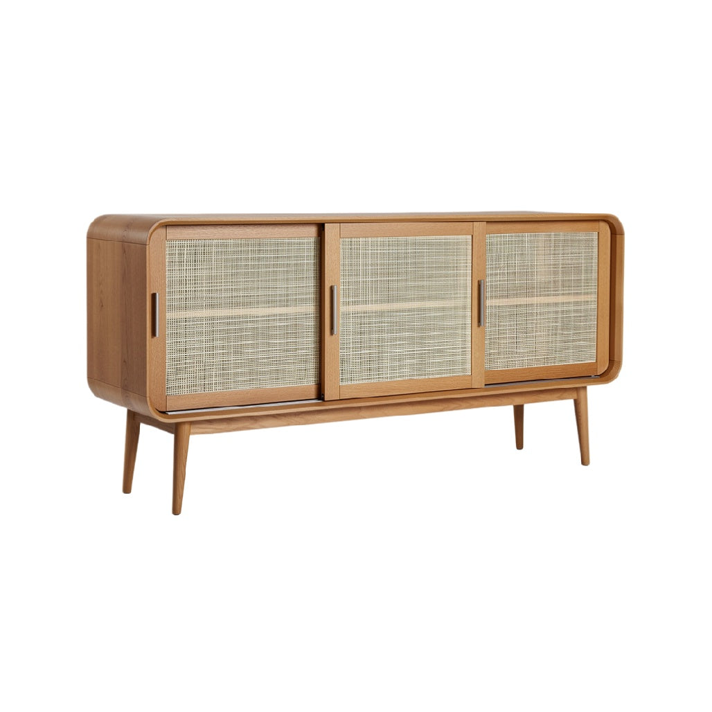 Mid-Century Modern Wooden Sideboard with Rattan Doors